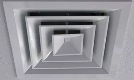 Ceiling-mounted exhaust fan with multiple layered squares.