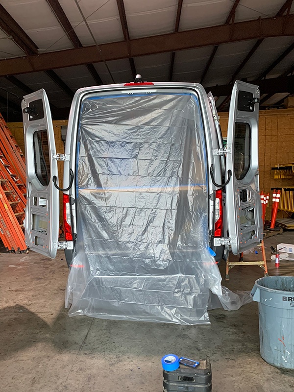Spray foam insulation installed in work van