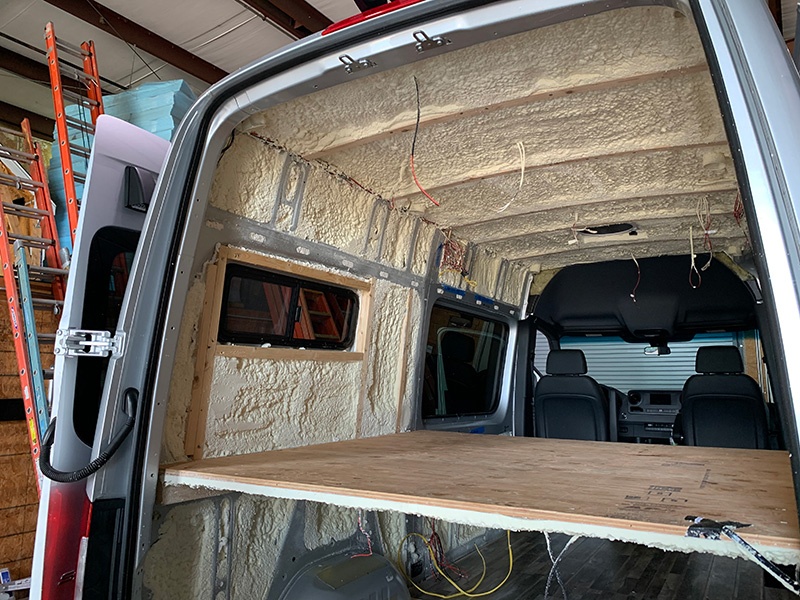 Spray foam insulation installed in a work van.