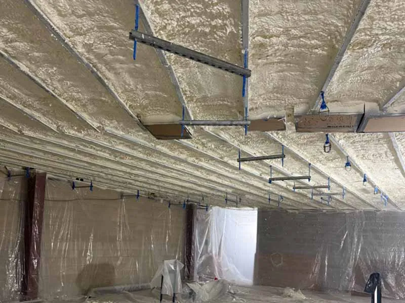 Ceiling with spray foam insulation applied between wooden joists, with visible wiring and piping above.