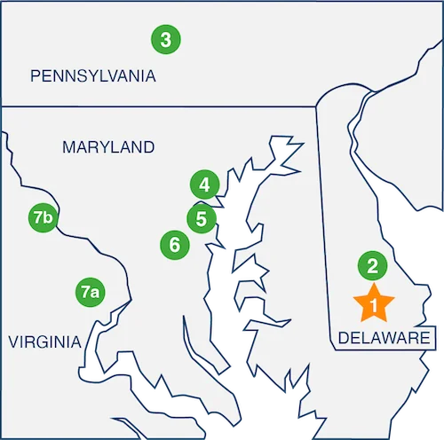 Stylized map of northern Virginia, Maryland, Delaware, and southern Pennsylvania with markers for Delmarva Spray Foam and its sister company locations.